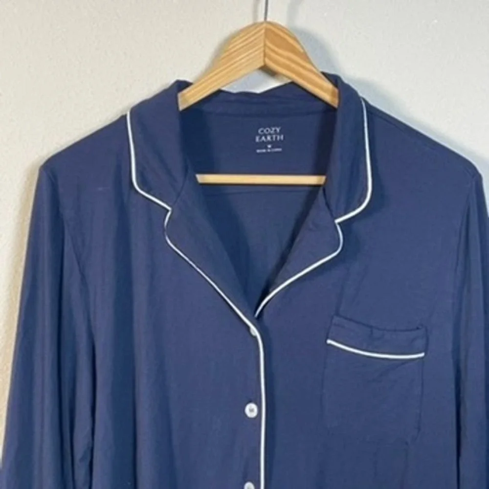 Cozy Earth‎ Pajama Top Womens Medium Navy Blue Bamboo Viscose Long Sleeve Piping